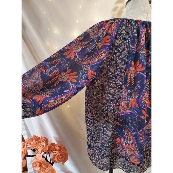 Chaps X Ralph Lauren Paisley Boho 3/4 Sleeve V-Neck Button Blouse Size XL Hippie - Picture 6 of 10